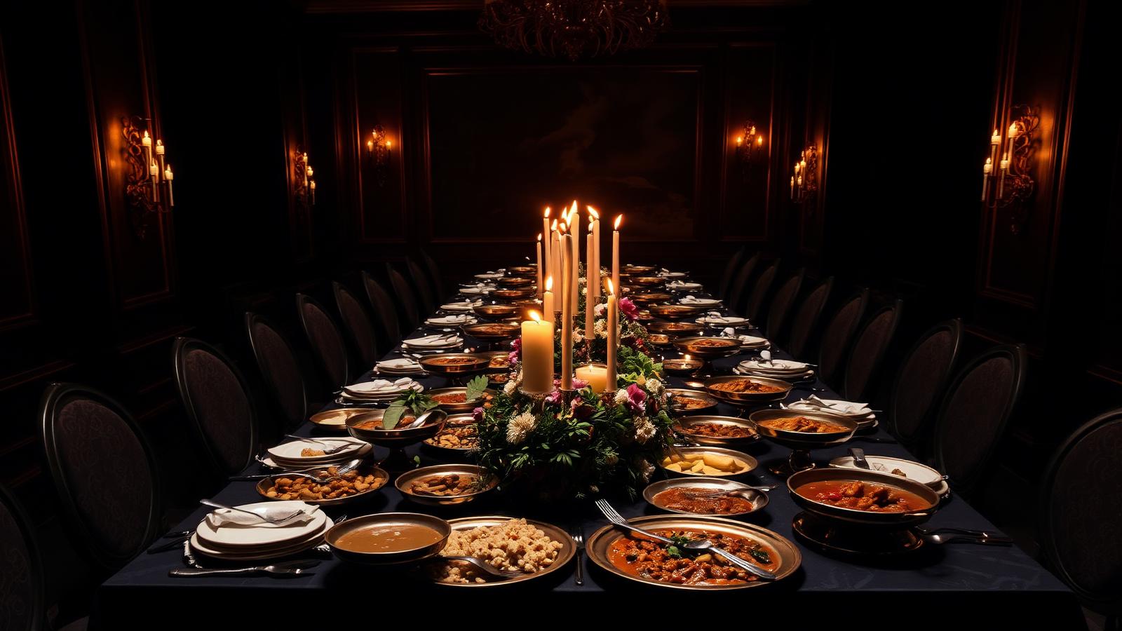 Long candlelit banquet table set with Indian dishes in copper serveware