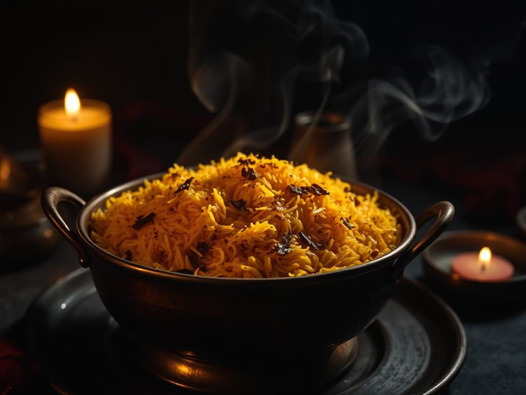 Saffron biryani steaming in a copper handi