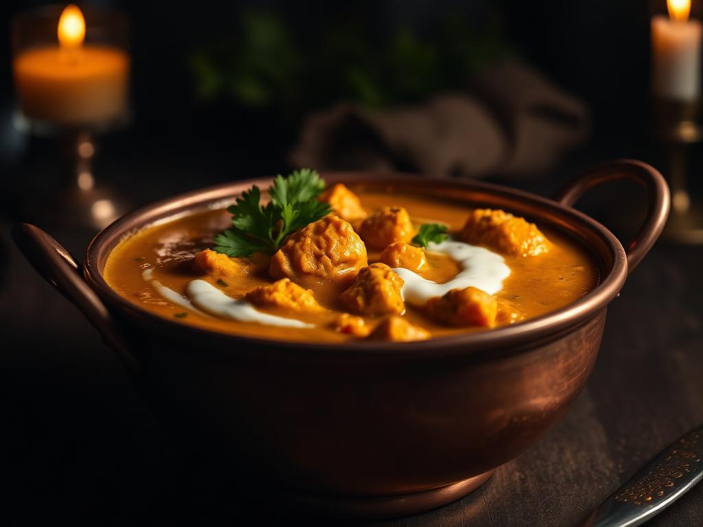 Butter chicken curry in a copper bowl with cream swirl