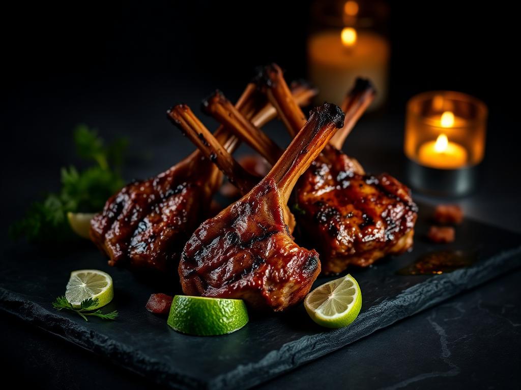 Charred tandoori lamb chops on slate with lime wedges