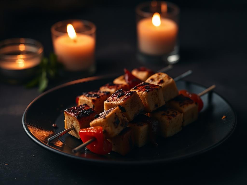 Charred paneer tikka skewers with red peppers on a dark plate